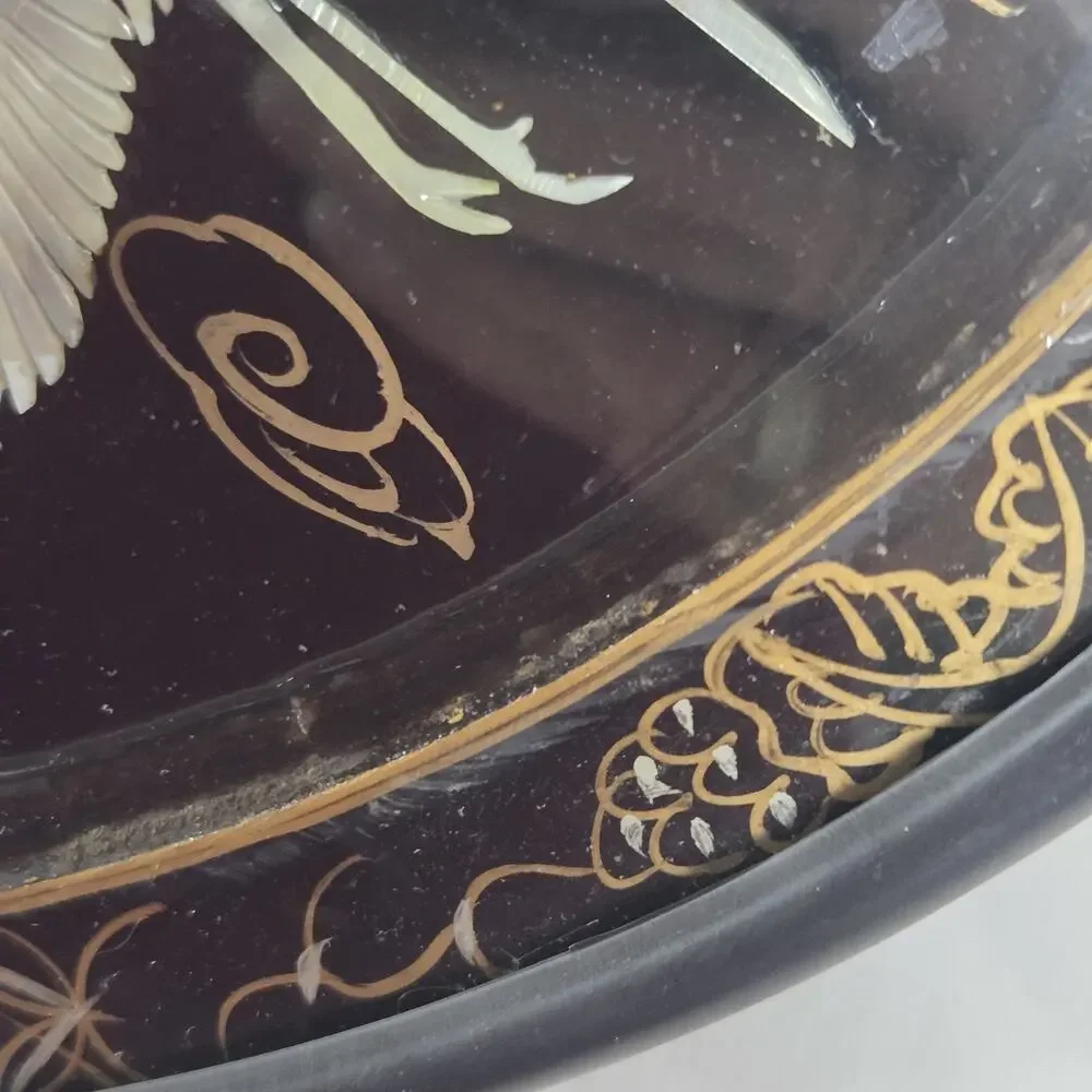 Vintage Asian Mother of Pearl Bird Lacquer Wall Clock 12” Japanese Crane Black